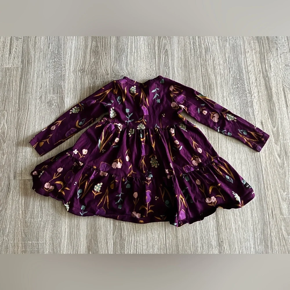 Tea Collection Girls Tiered Henley Dress Purple Floral Long Sleeve - Size 3